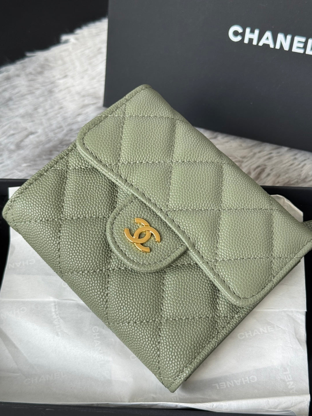 CHANEL 25S CF SMALL TRI FOLD WALLET 11 IN MOSS GREEN CAVIAR GOLD HARDWARE