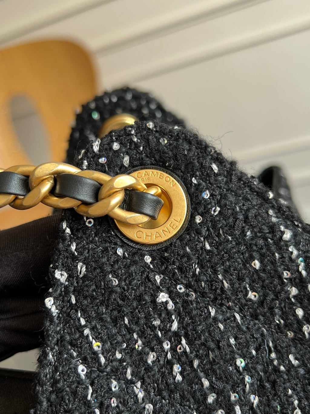 CHANEL 25S HOBO BAG 40 IN BLACK TWEED WITH GOLD HARDWARE