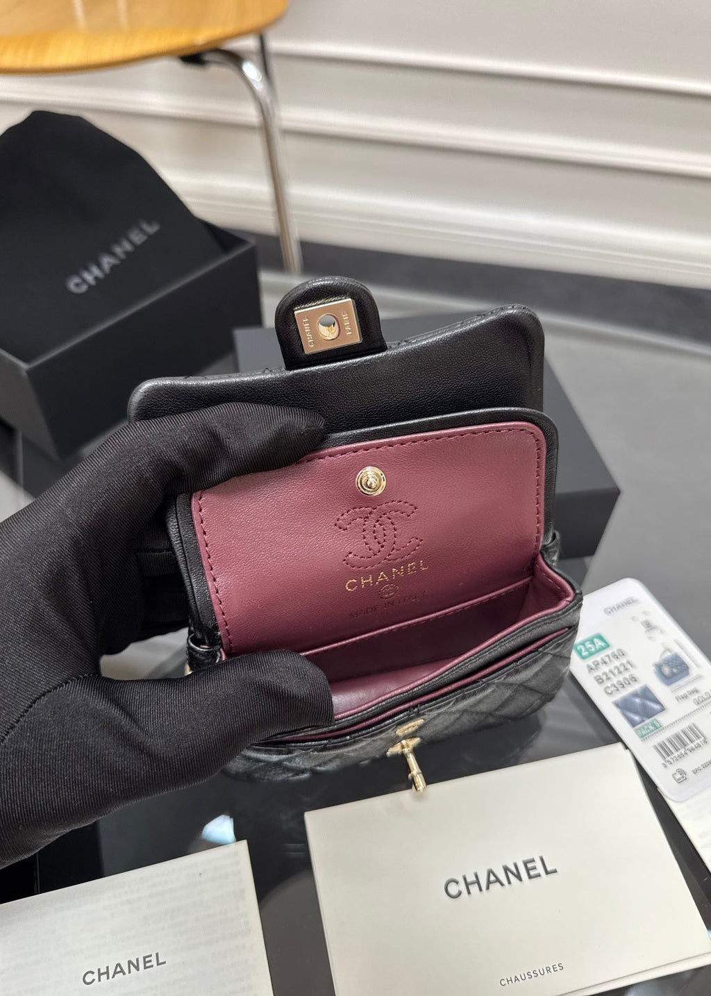 CHANEL 25S FLAP CHARM BAG 13 IN BLACK LAMBSKIN
