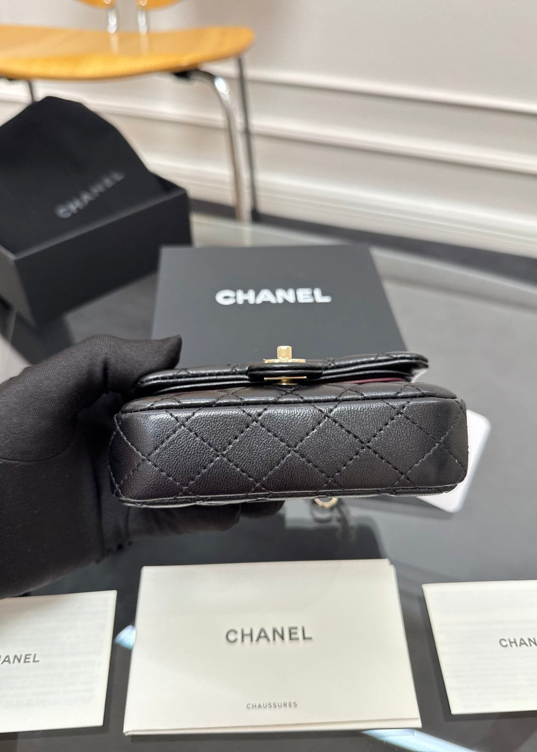 CHANEL 25S FLAP CHARM BAG 13 IN BLACK LAMBSKIN