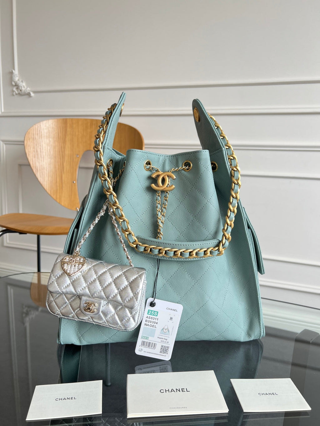 CHANEL 25S HOBO BAG 40 IN SOFT TEAL BLUE CAVIAR WITH GOLD HARDWARE