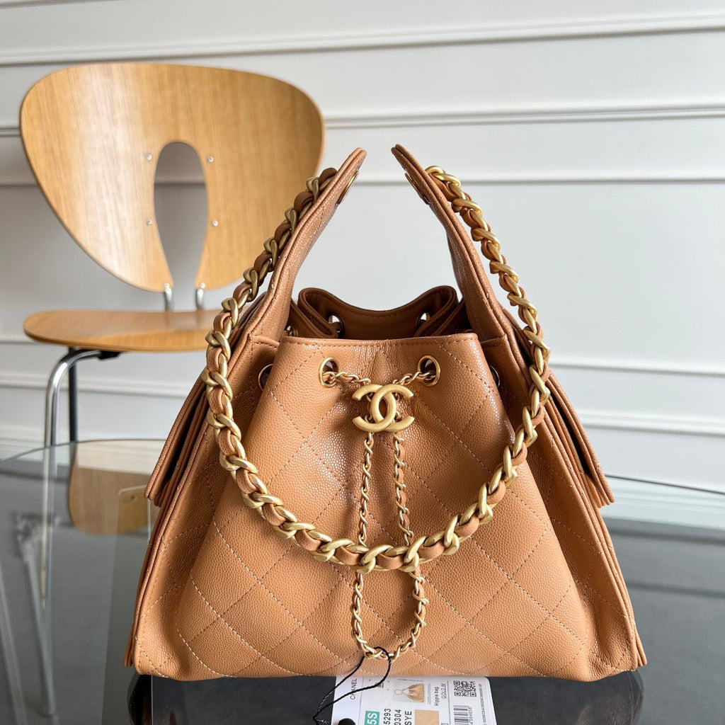 CHANEL 25S HOBO BAG 30 IN CARAMEL BROWN CAVIAR WITH GOLD HARDWARE