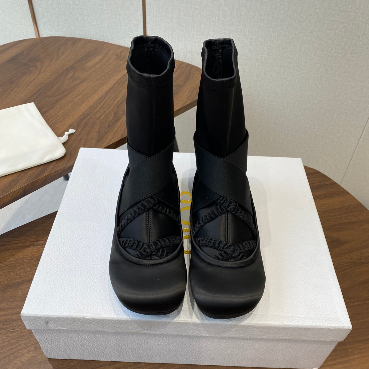 DIOR 25S STRETCH BALLET BOOTS IN BLACK FULL SATIN