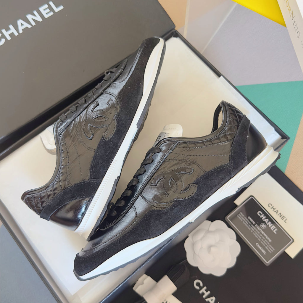 CHANEL 25S SNEAKERS 20MM IN BLACK GLOSSY CALFSKIN