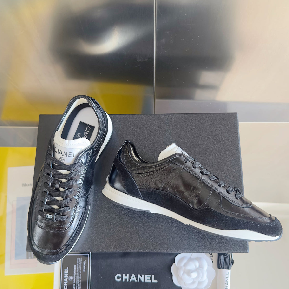 CHANEL 25S SNEAKERS 20MM IN BLACK GLOSSY CALFSKIN