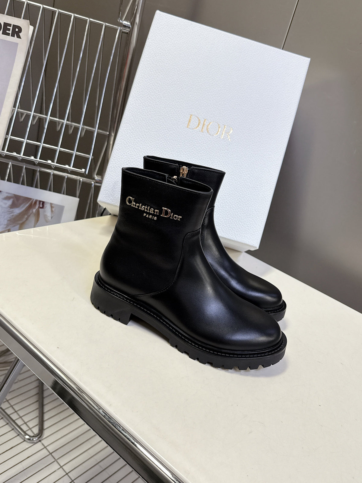 DIOR 25S D-MAJOR ANKLE BOOTS IN BLACK LAMBSKIN WITH GOLD HARDWARE