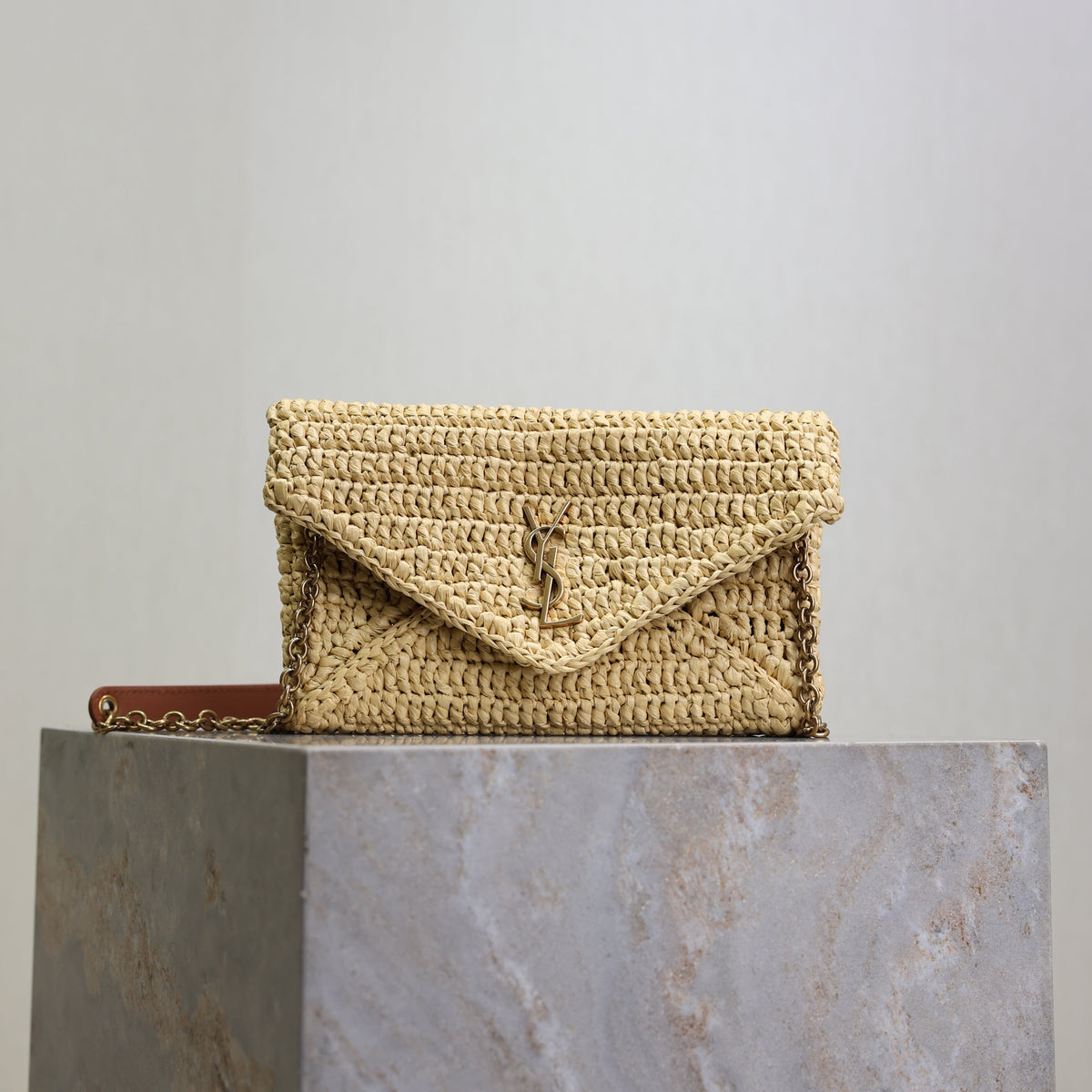 YSL 25S CALYPSO BAG 19 IN NATURAL RAFFIA AND CALFSKIN GOLD HARDWARE