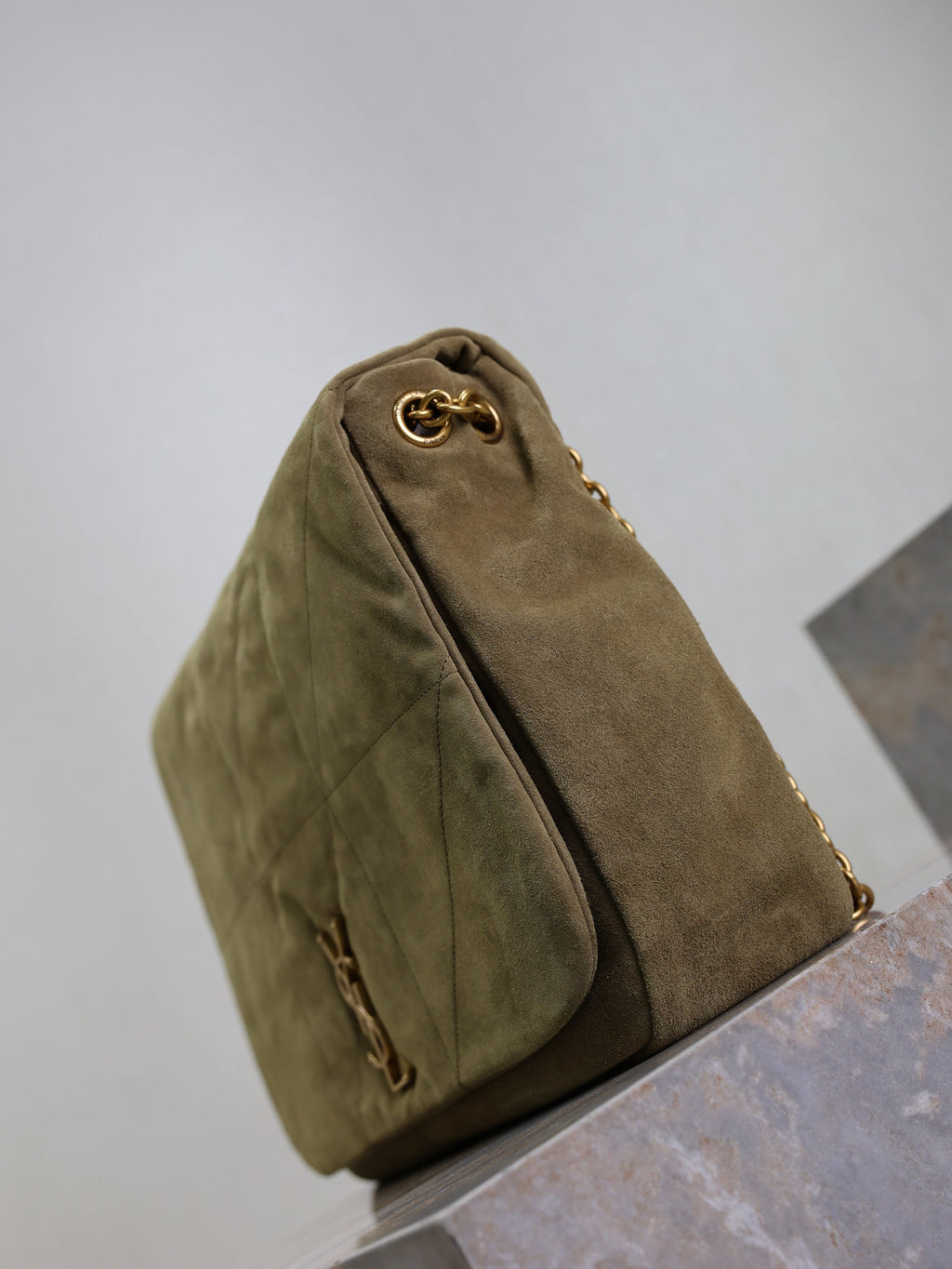 YSL 25S LARGE JAMIE 43 IN MUTED KHAKI SUEDE GOLD HARDWARE