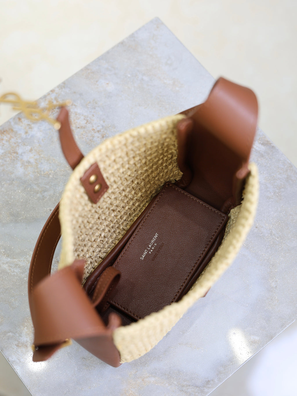YSL 25S LE 5 À 7 SUPPLE BABY 16 IN RAFFIA AND CALFSKIN GOLD HARDWARE