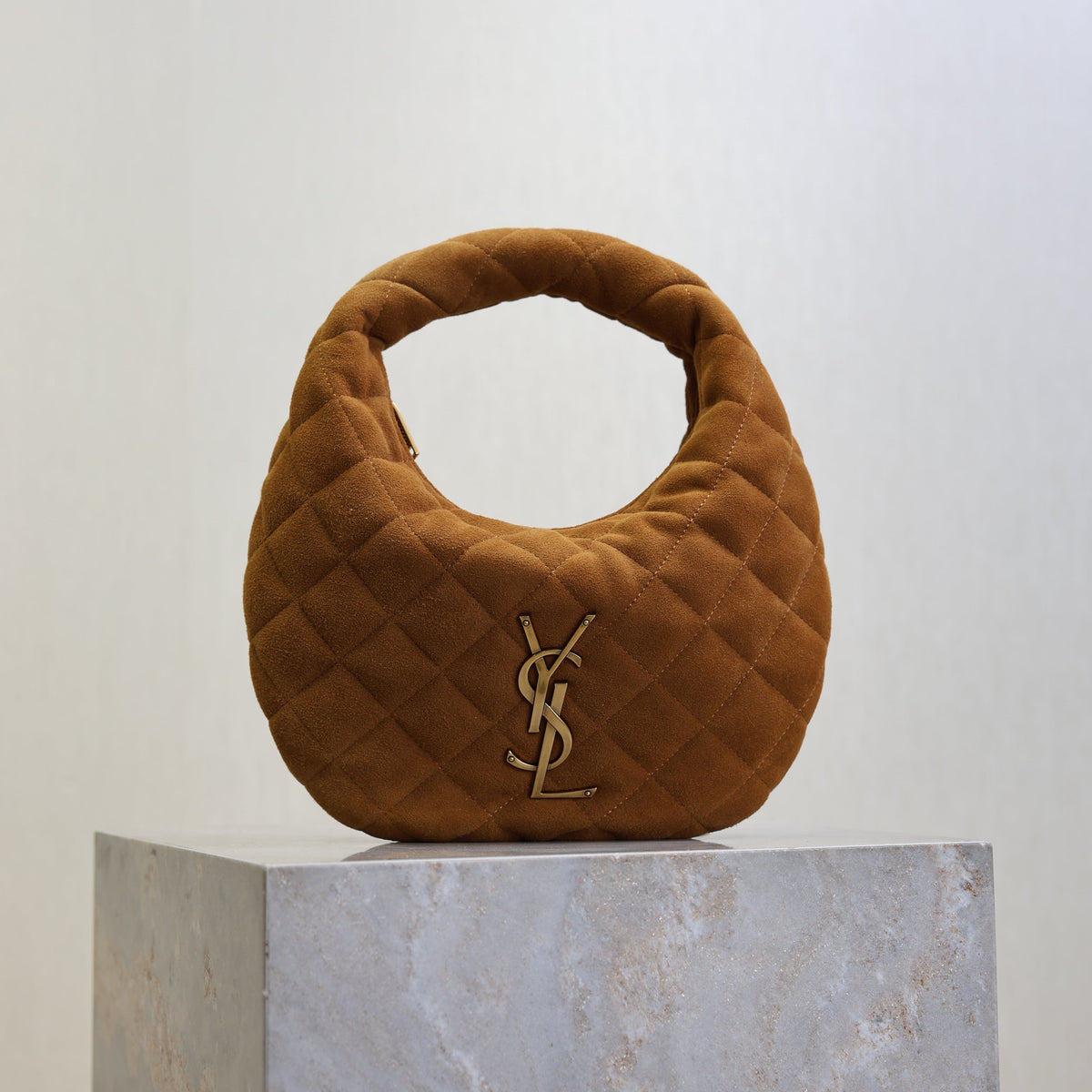 YSL 25S ICARINO MINI 17 IN CARAMEL QUILTED SUEDE GOLD HARDWARE