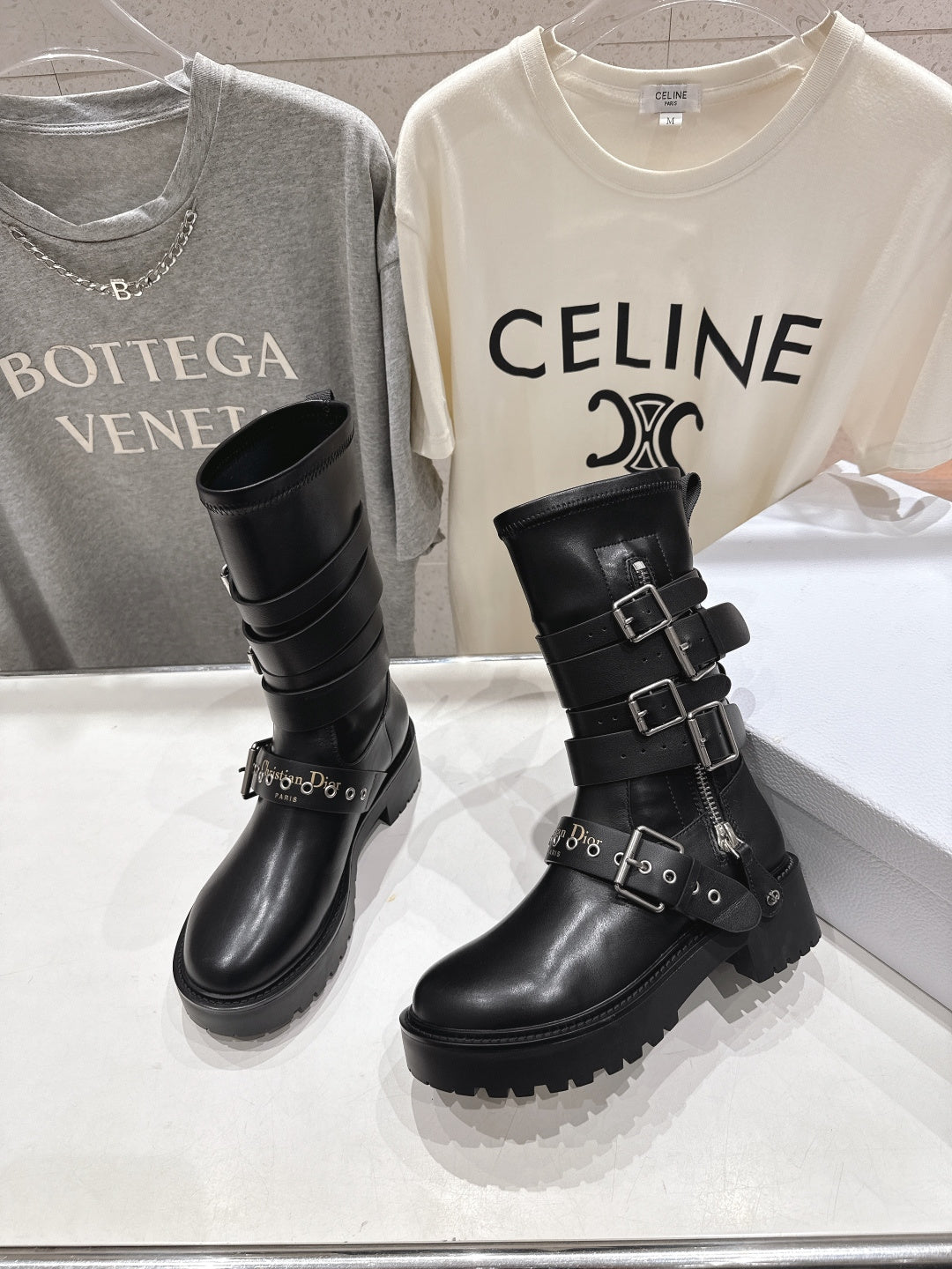 DIOR 25S BIKER BOOTS IN BLACK CALFSKIN WITH SILVER HARDWARE
