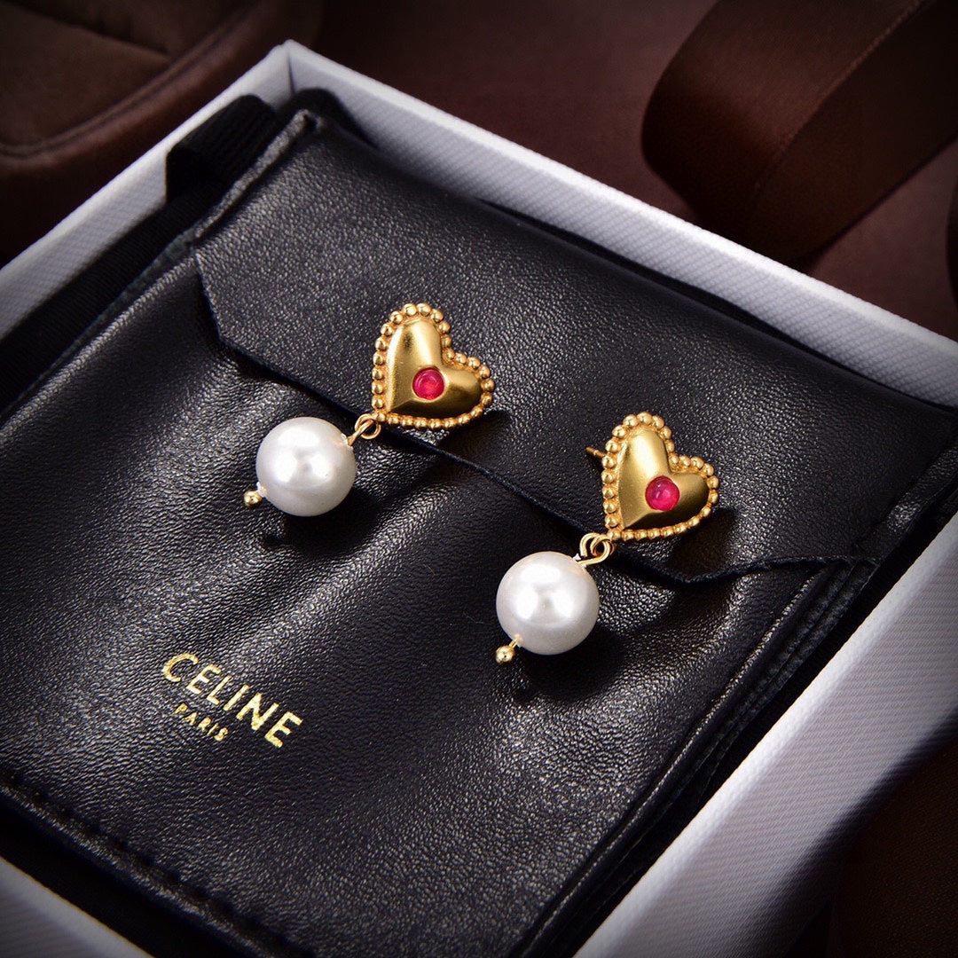 18K Celine Heart Pearls Earrings