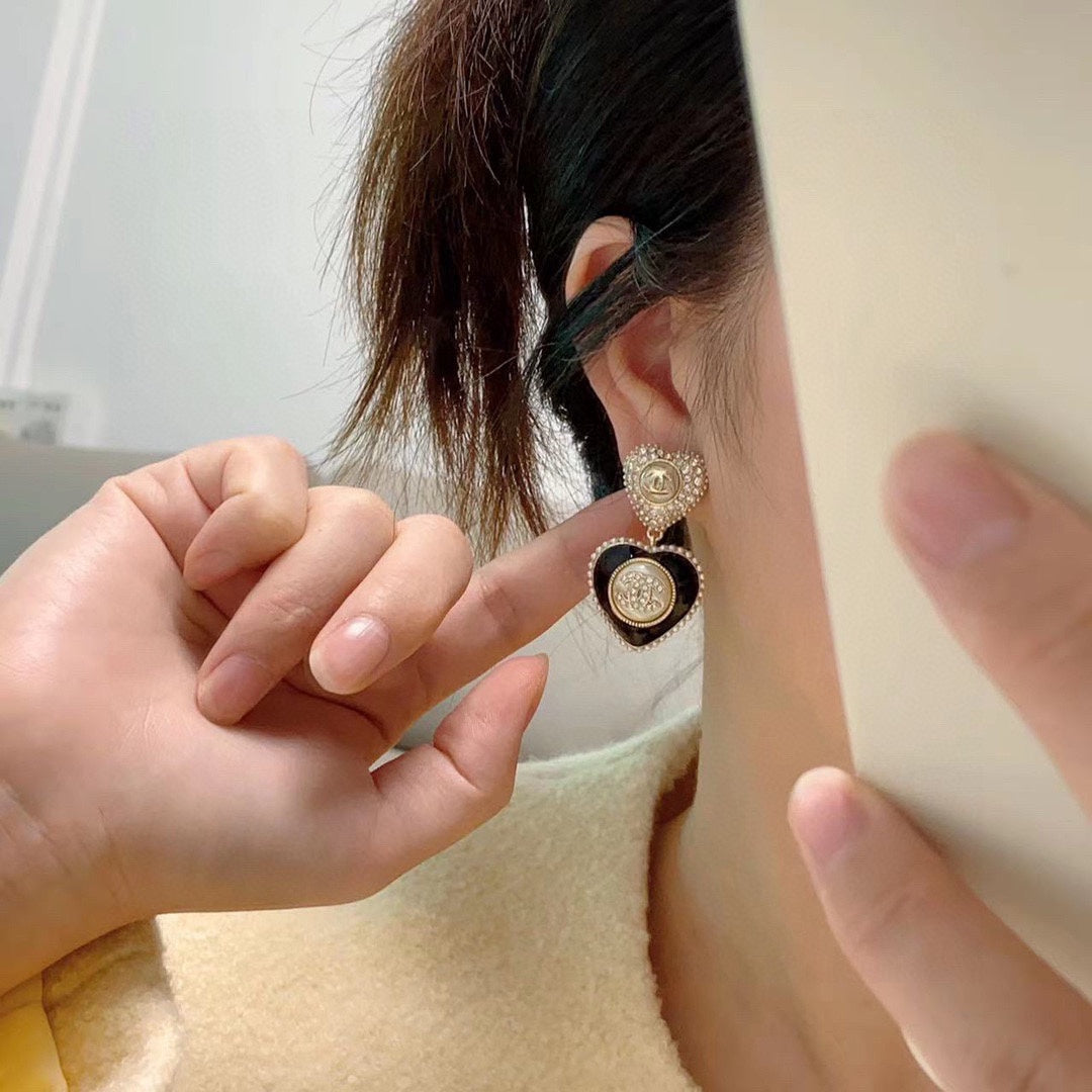 18K  Chanel Black Heart Earrings
