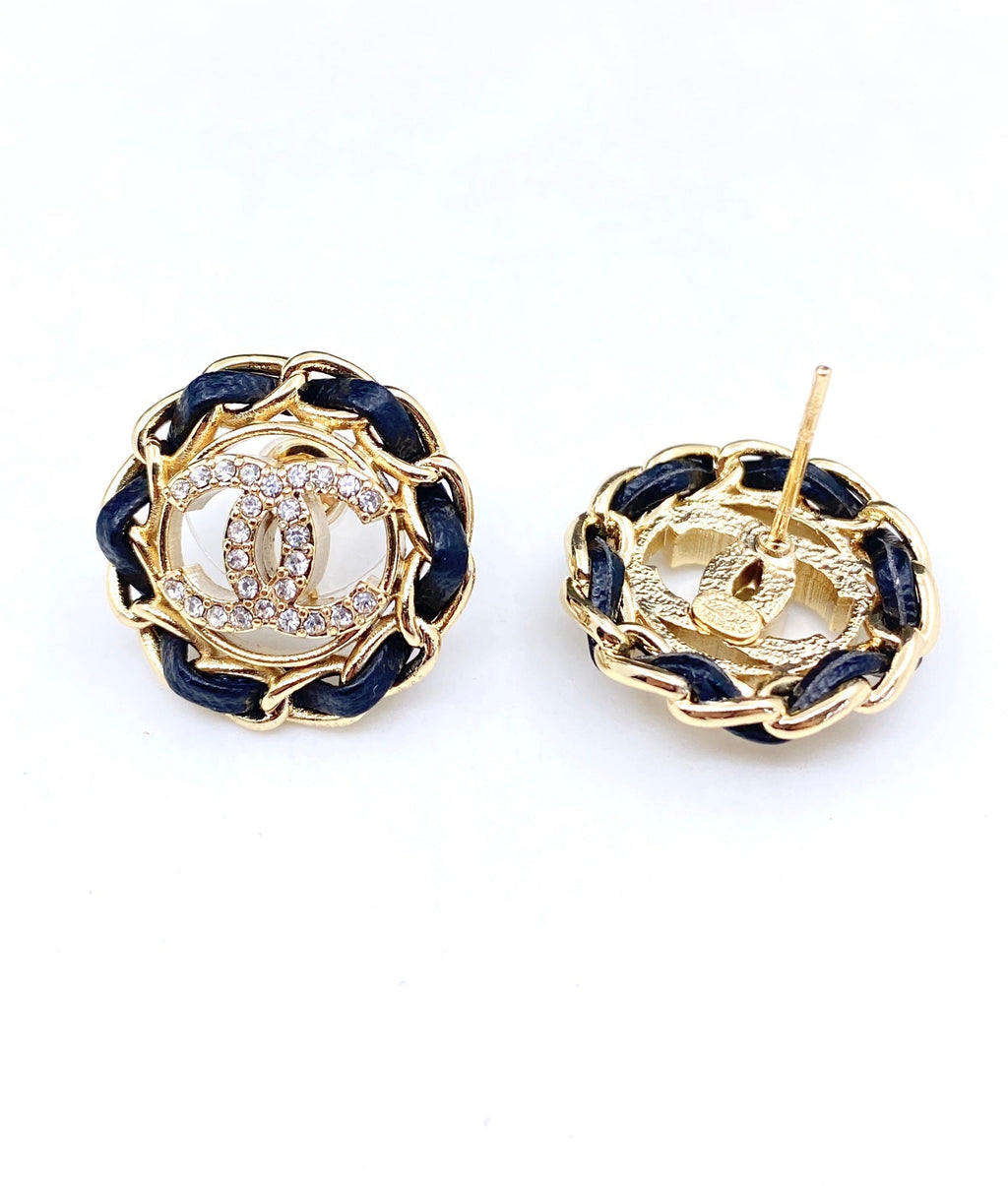 18K  Chanel Black Leather Earrings