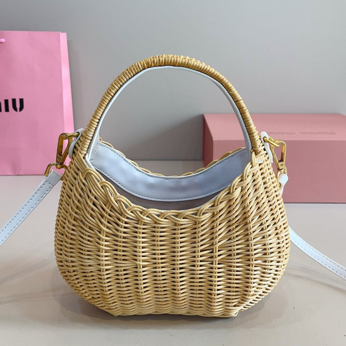 WANDER WICKER HOBO BAG 13 IN TAN BROWN HANDWOVEN WITH WHITE CALFSKIN LOGO