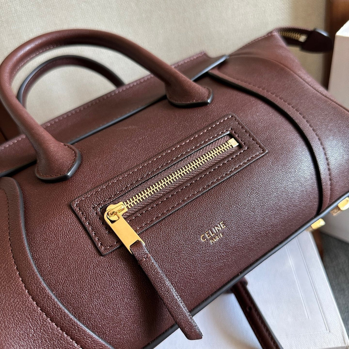 CELINE 25S NEW LUGGAGE 36MM IN DARK BROWN CALFSKIN GOLD HARDWARE