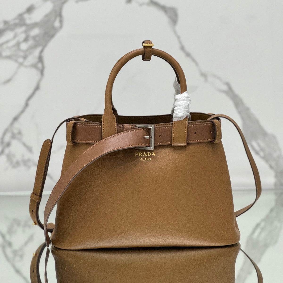 PRADA TOTE BAG WITH BELT 32 IN CIDER BROWN IMPORTED CALFSKIN