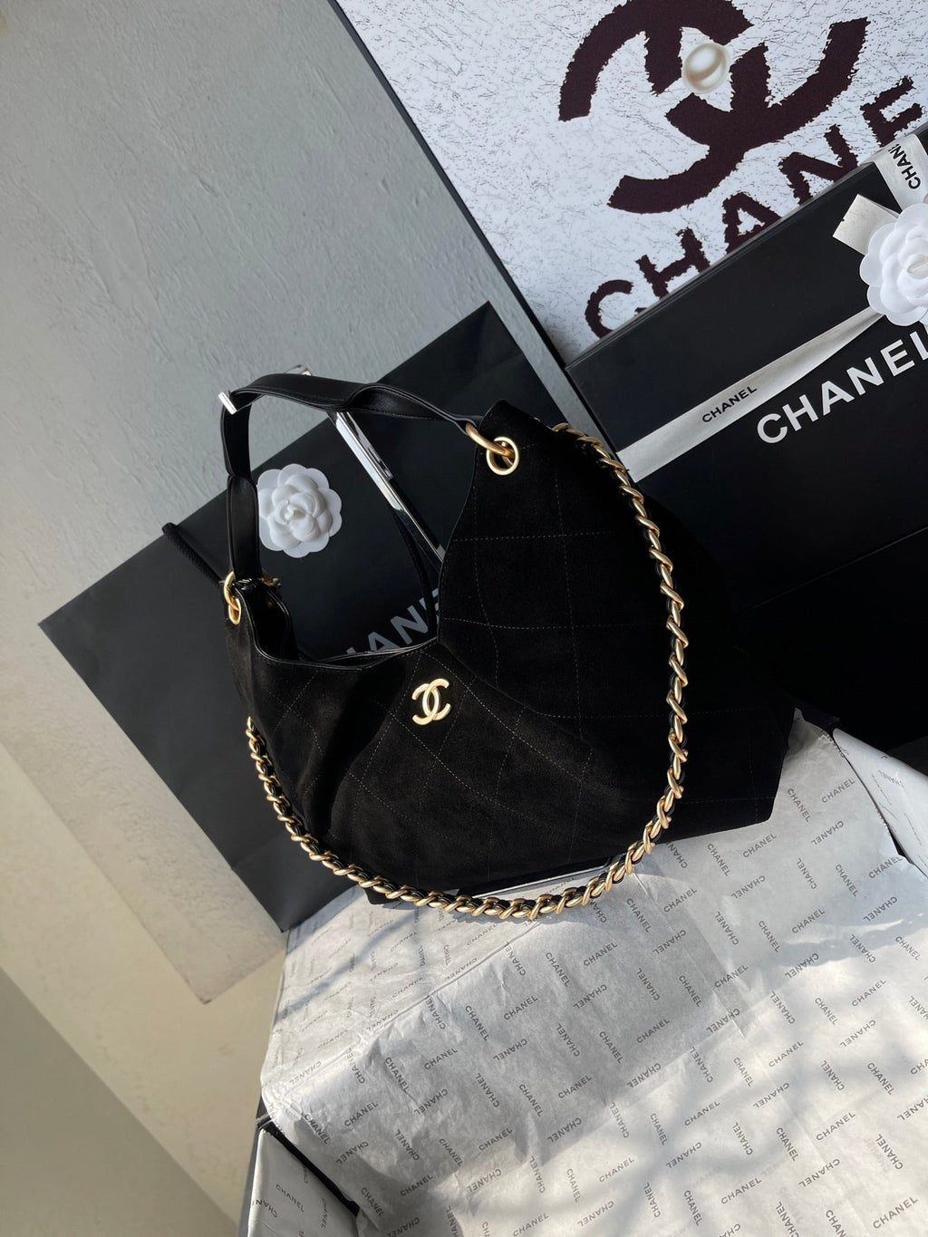 CHANEL 25S HOBO BAG 33 IN BLACK SUEDE GOLD HARDWARE