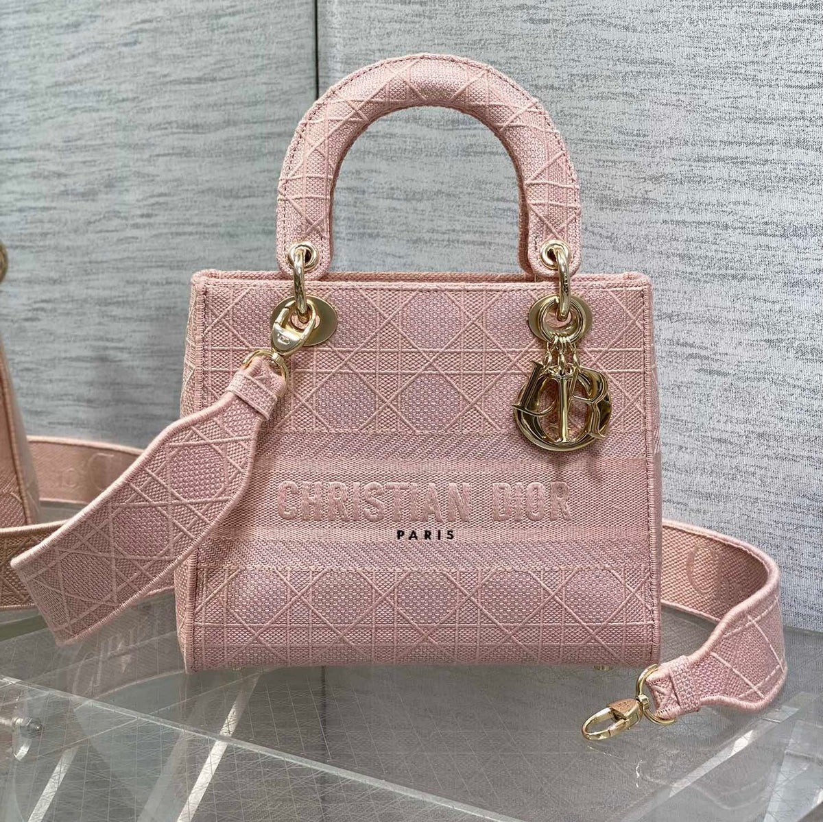 DIOR SMALL 24 LADY BAG IN PASTEL PINK CANVAS