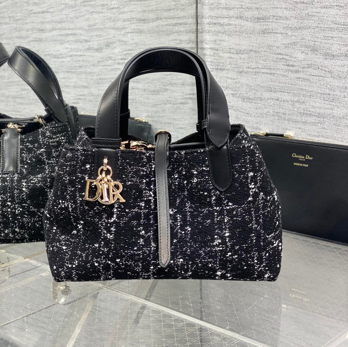 DIOR MINI 23 TOUJOURS BAG IN BLACK MIX WHITE CANNAGE TWEED WITH GOLD HARDWARE