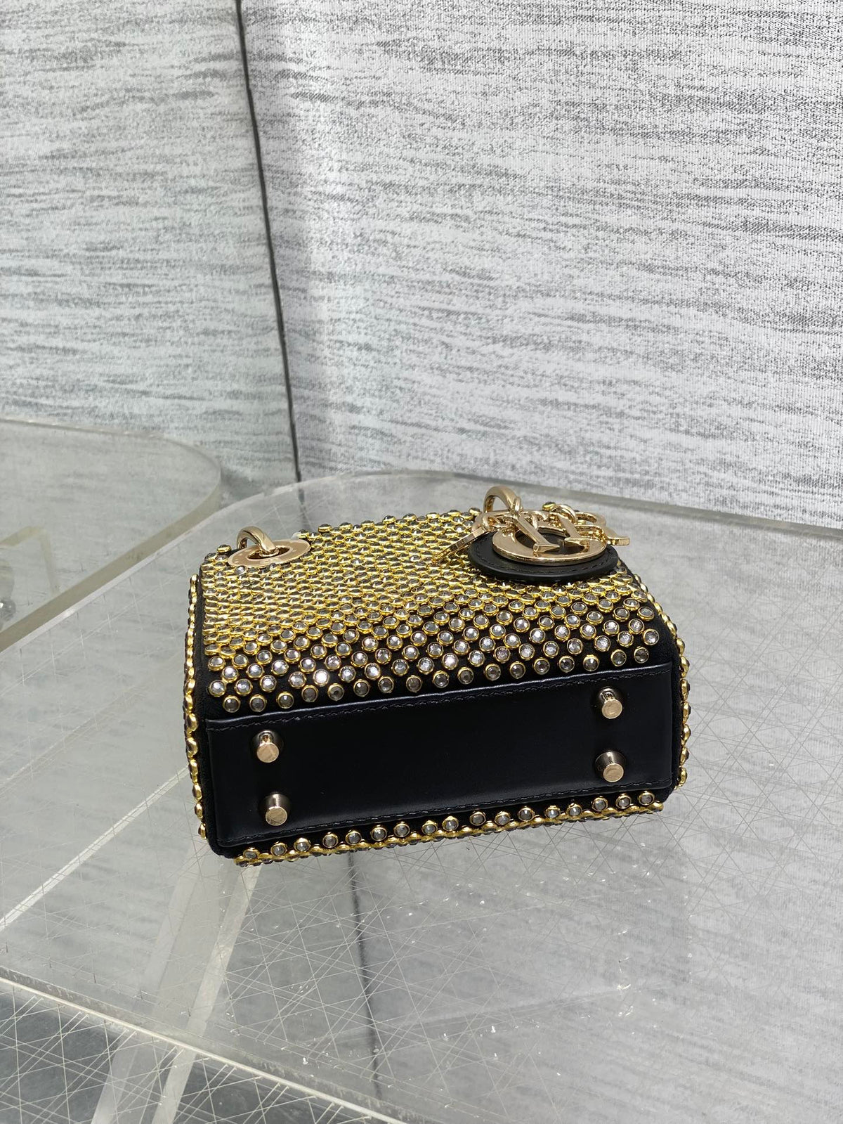 DIOR 25S MINI LADY D-LITE BAG 12 IN BLACK CANVAS AND CALFSKIN CRYSTAL-STUDDED