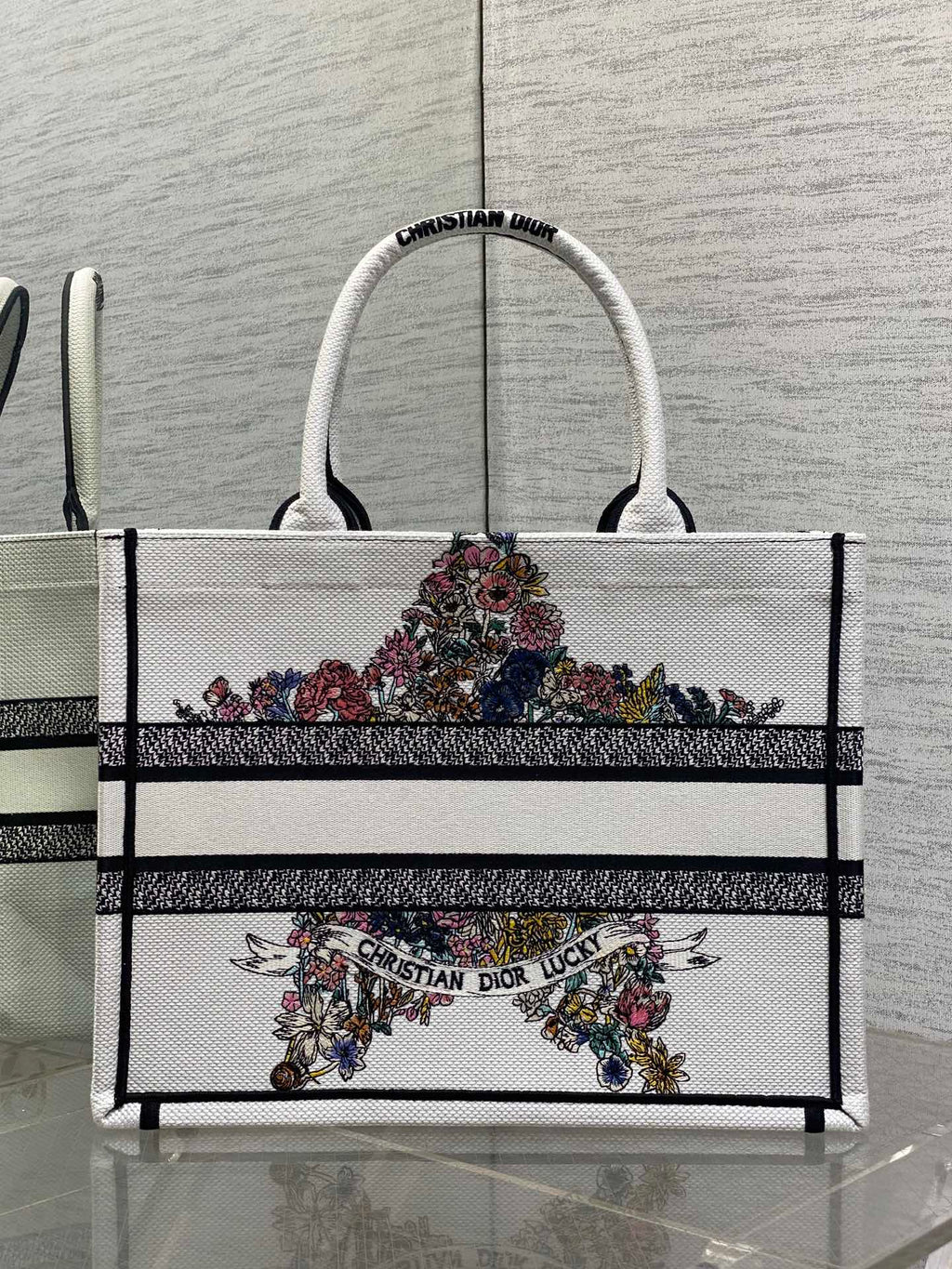 DIOR 25S LUCKY MEDIUM DIOR BOOK TOTE 36 IN WHITE MULTICOLOR DIOR STAR EMBROIDERY