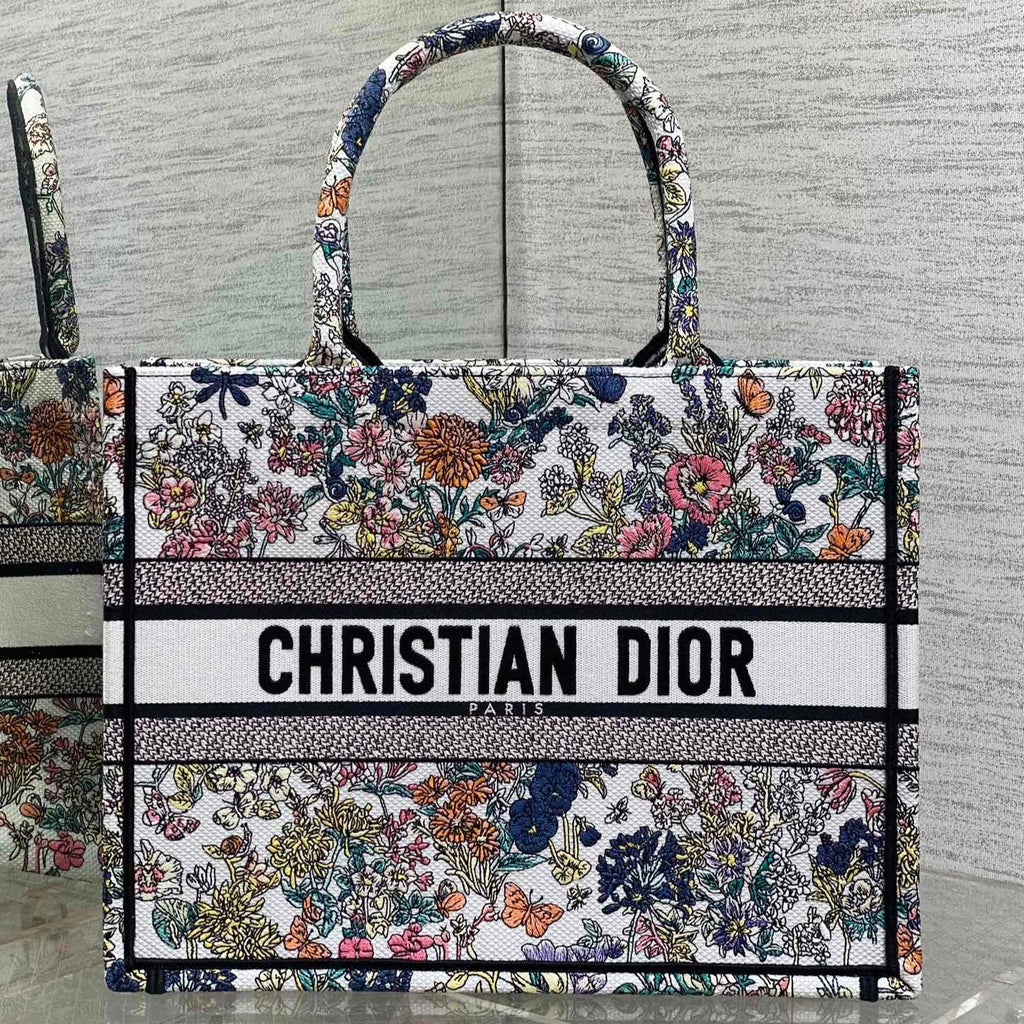 DIOR 25S LUCKY MEDIUM BOOK TOTE 36 IN MULTICOLOR COTTON FLOWERS CALENDAR ALLOVER EMBROIDERY