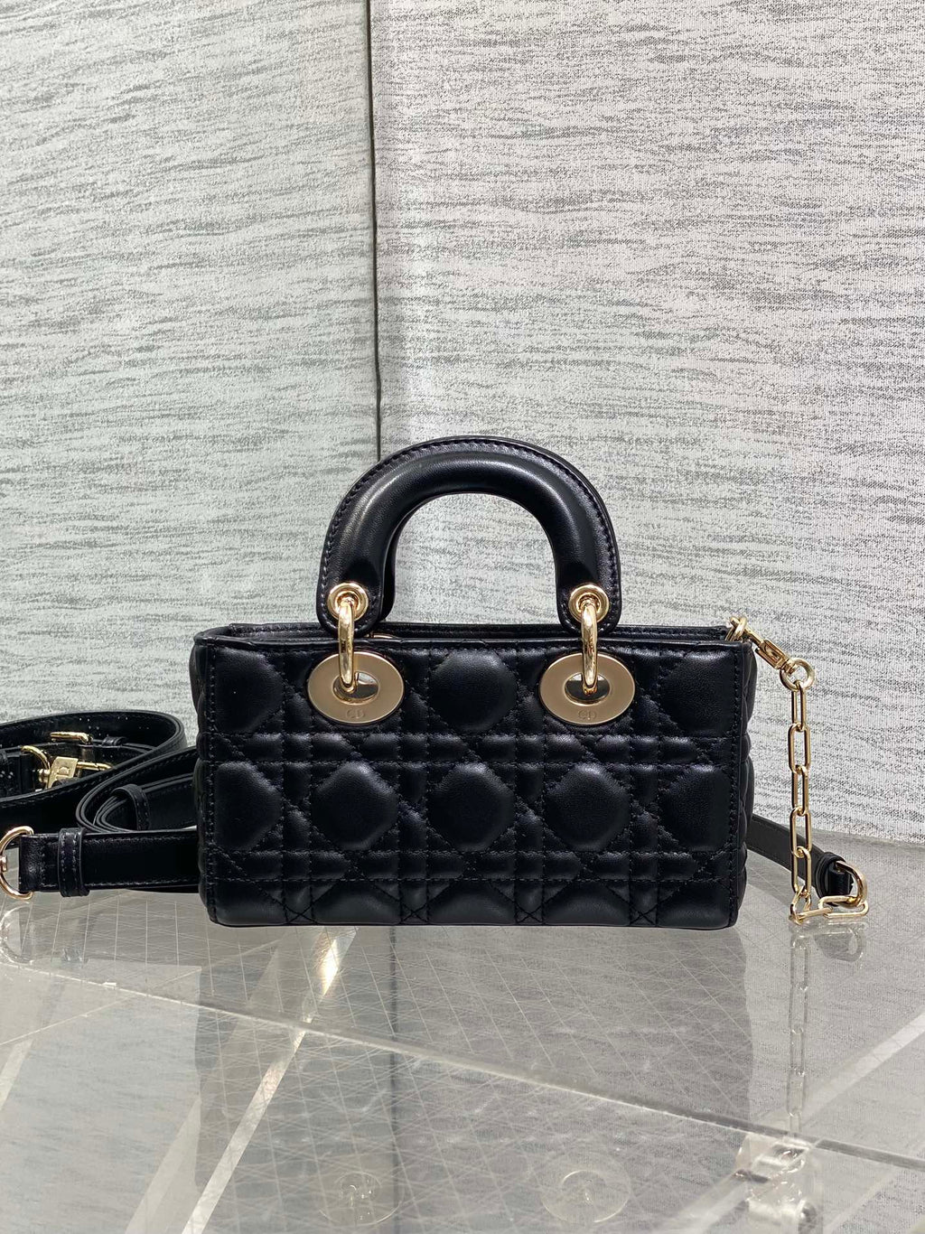 DIOR 25S MICRO LADY D-JOY 19 IN BLACK CALFSKIN GOLD HARDWARE
