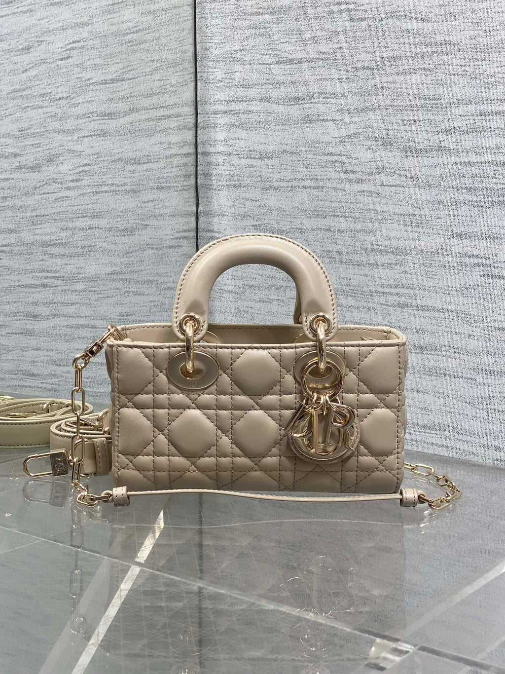 DIOR 25S MICRO LADY D-JOY 19 IN POWDER BEIGE CALFSKIN GOLD HARDWARE