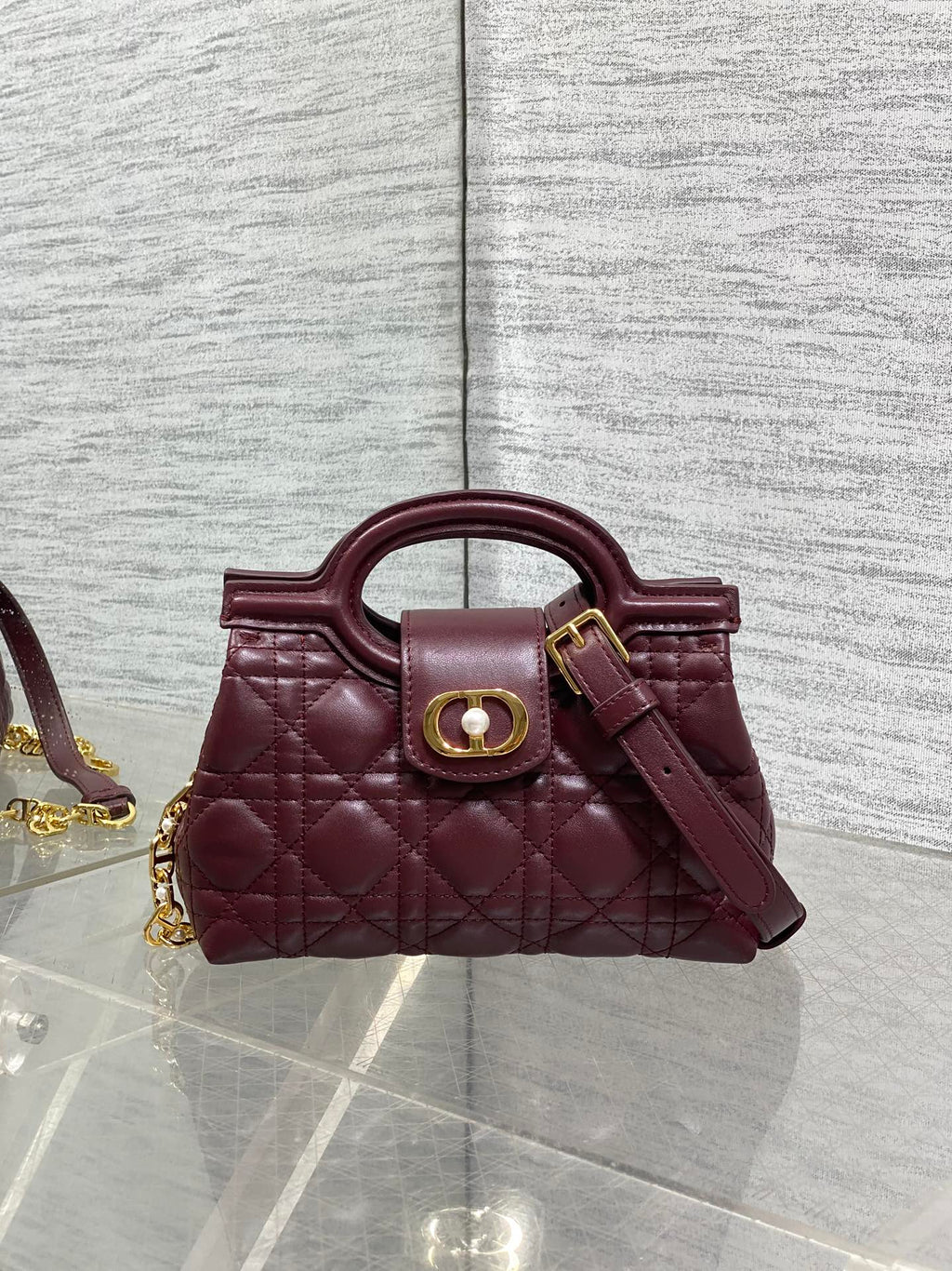 DIOR 25S JOLIE TOP HANDLE MINI BAG 18 IN BURGUNDY CALFSKIN GOLD HARDWRE