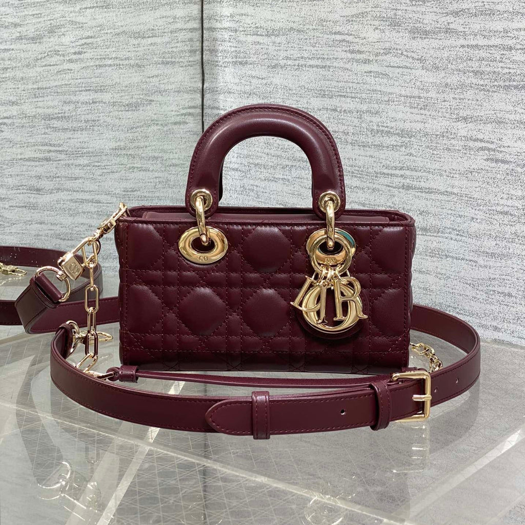 DIOR 25S SMALL LADY D‑JOY BAG 19 IN BURGUNDY CANNAGE CALFSKIN GOLD HARDWRE