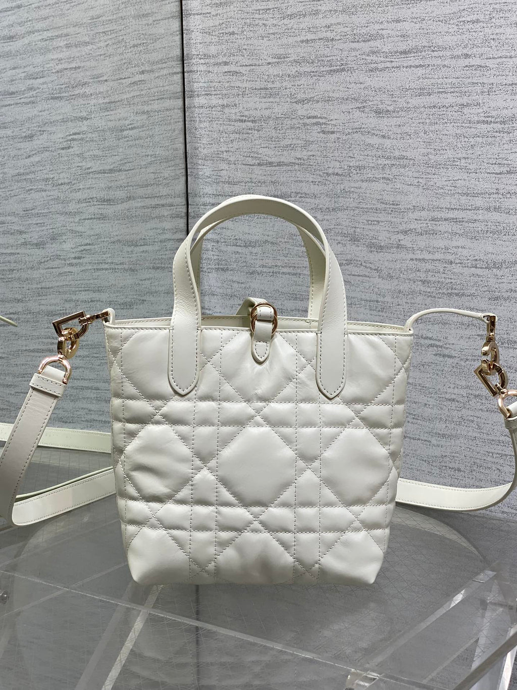 DIOR 25S TOUJOURS VERTICAL TOTE BAG 18 IN IVORY CALFSKIN WITH CHARM BRACELET STRAP