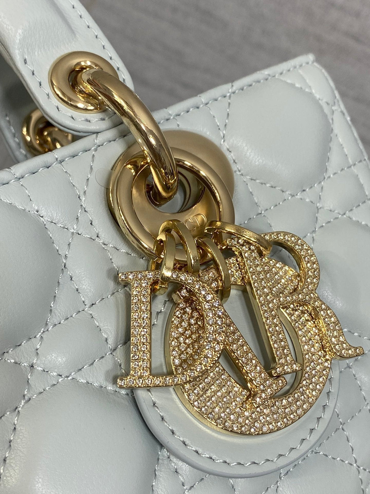 DIOR 25S SMALL LADY D‑JOY BAG 22 IN SHIRT BLUE CALFSKIN GOLD HARDWARE