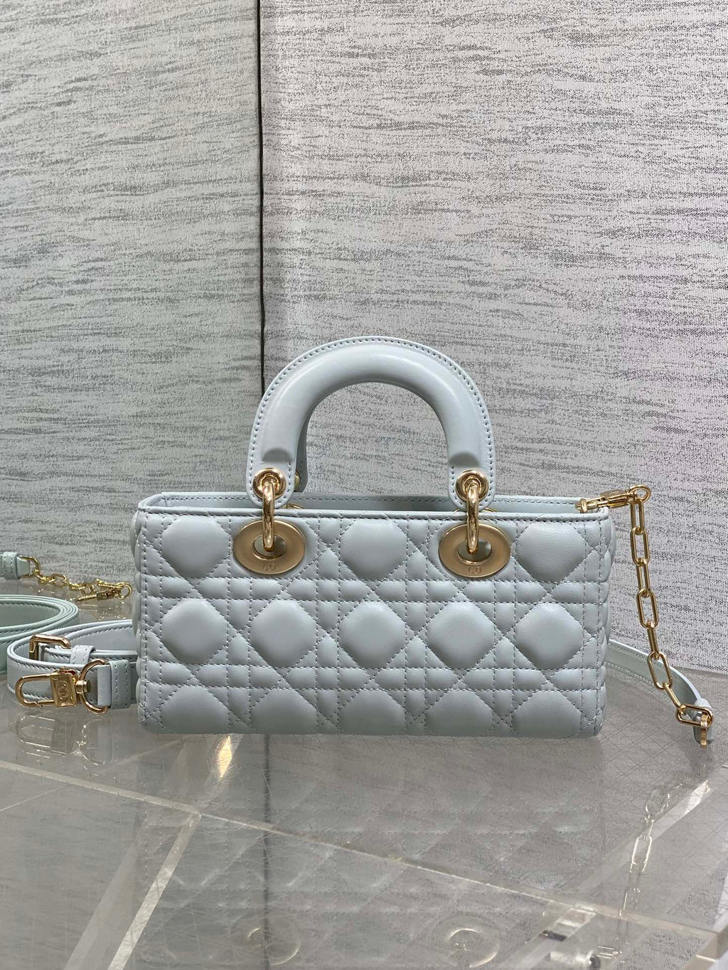 DIOR 25S SMALL LADY D‑JOY BAG 22 IN SHIRT BLUE CALFSKIN GOLD HARDWARE