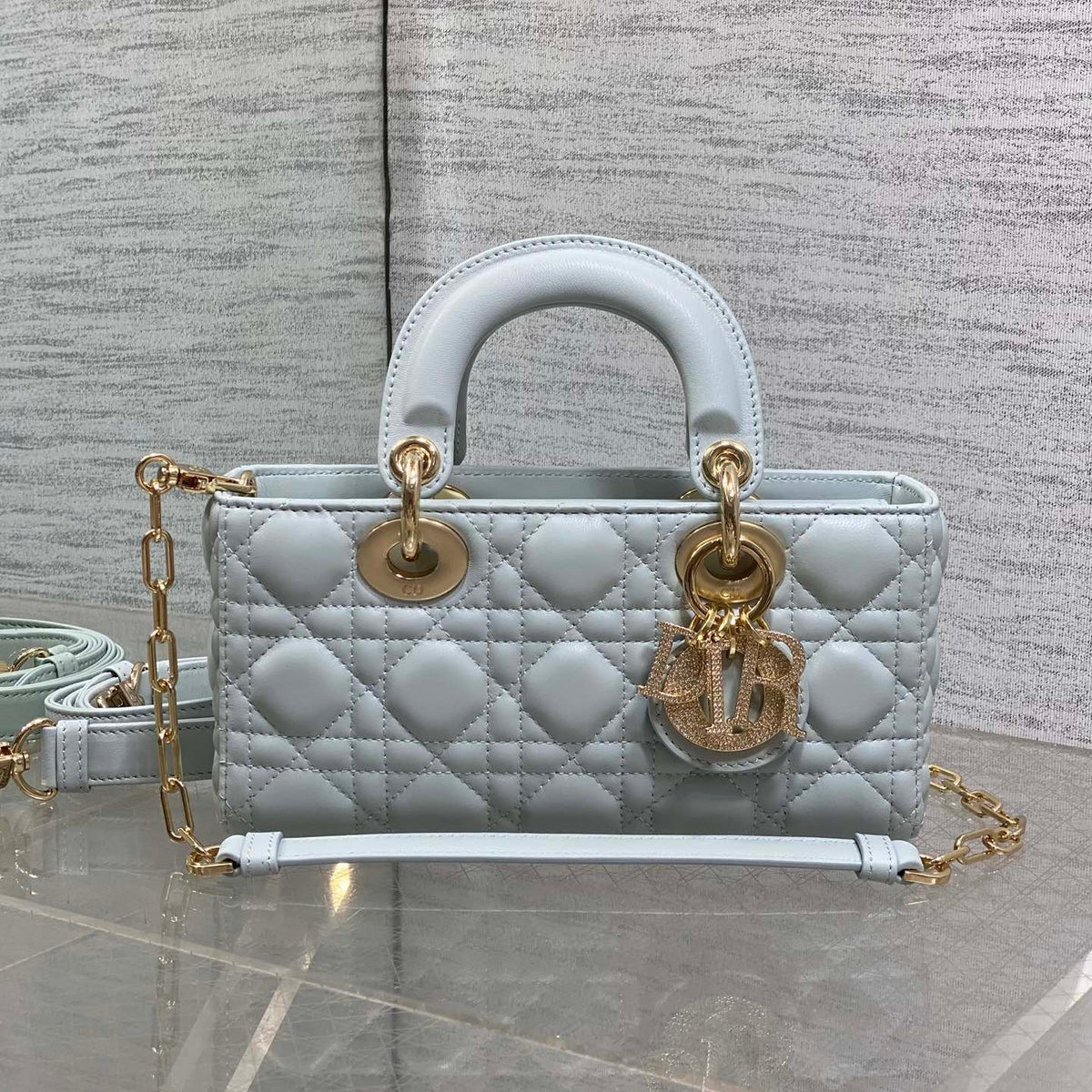 DIOR 25S SMALL LADY D‑JOY BAG 22 IN SHIRT BLUE CALFSKIN GOLD HARDWRE
