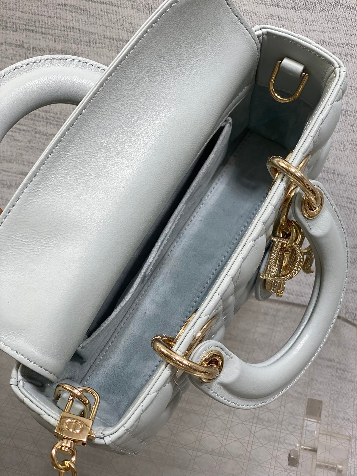 DIOR 25S SMALL LADY D‑JOY BAG 22 IN SHIRT BLUE CALFSKIN GOLD HARDWRE