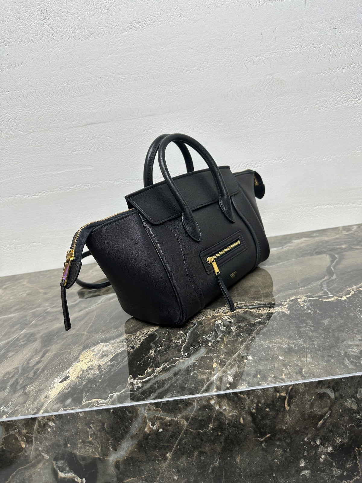 CELINE 25S NEW LUGGAGE 38MM IN BLACK SHINY LAMBSKIN GOLD HARDWARE