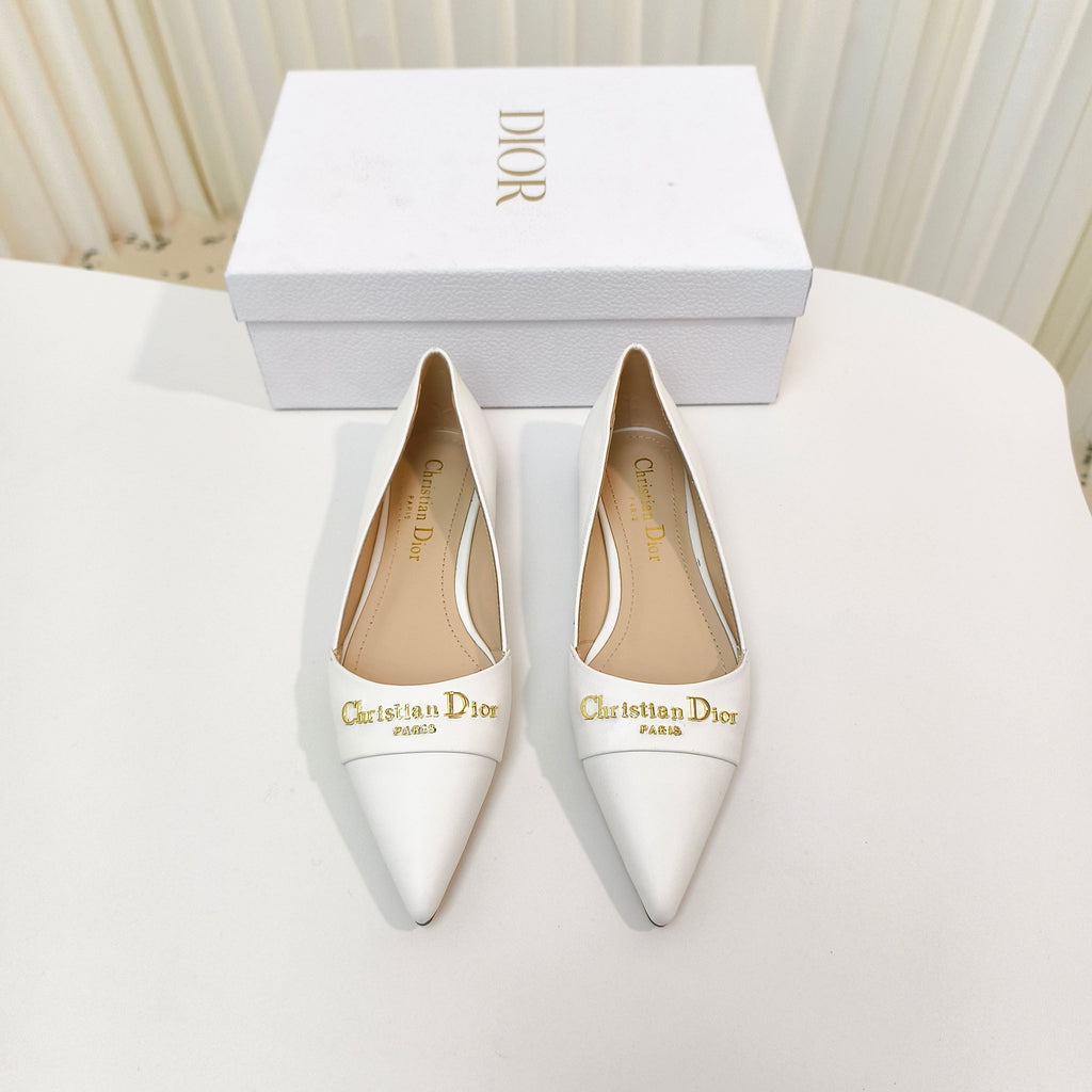 DIOR POINTED BALLET FLATS 25S IN WHITE CALFSKIN WITH GOLD HARDWARE