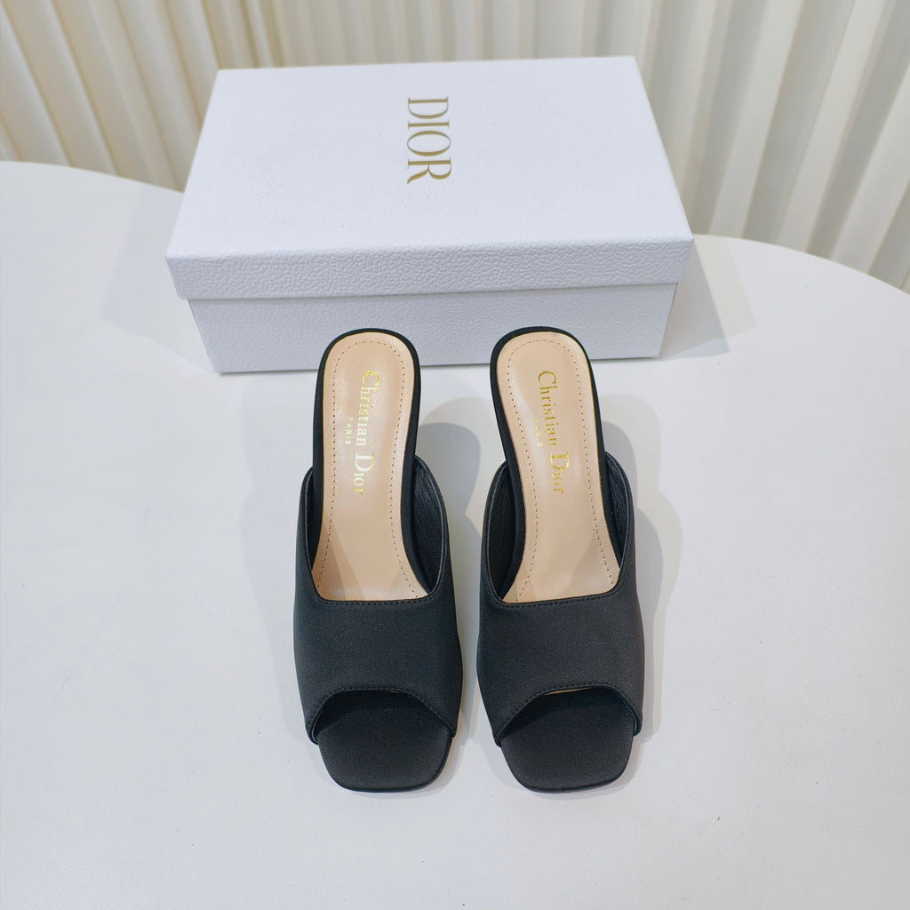 DIOR EMBELLISHED HIGH HEEL SLIDES 25S IN BLACK SATIN