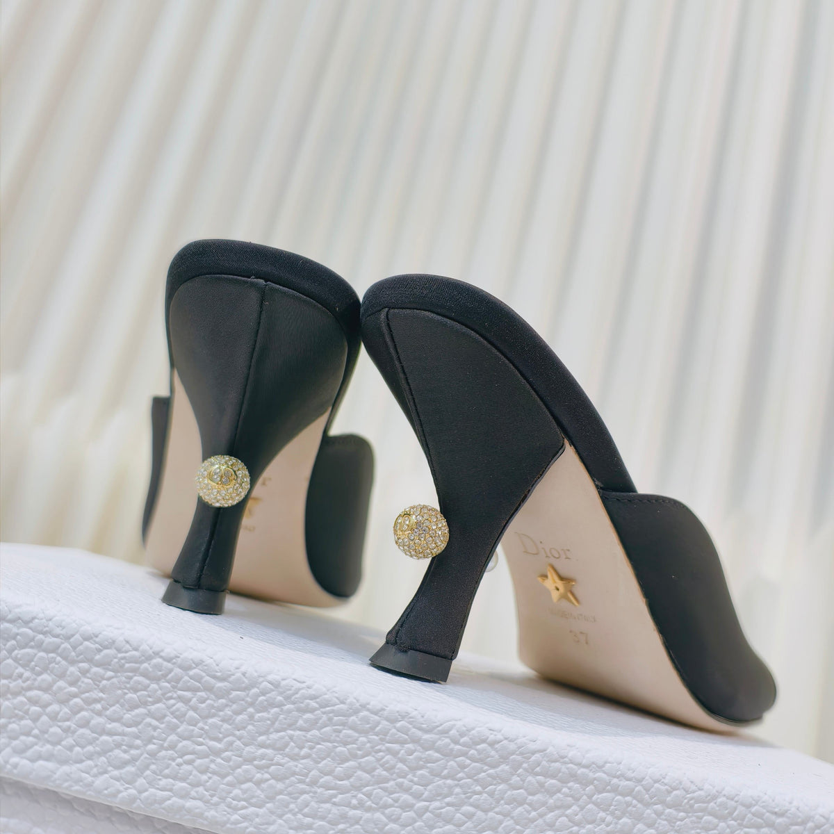 DIOR EMBELLISHED HIGH HEEL SLIDES 25S IN BLACK SATIN