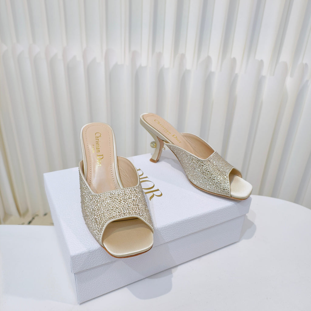 DIOR EMBELLISHED HIGH HEEL SLIDES 25S IN LIGHT BEIGE SATIN AND CALFSKIN