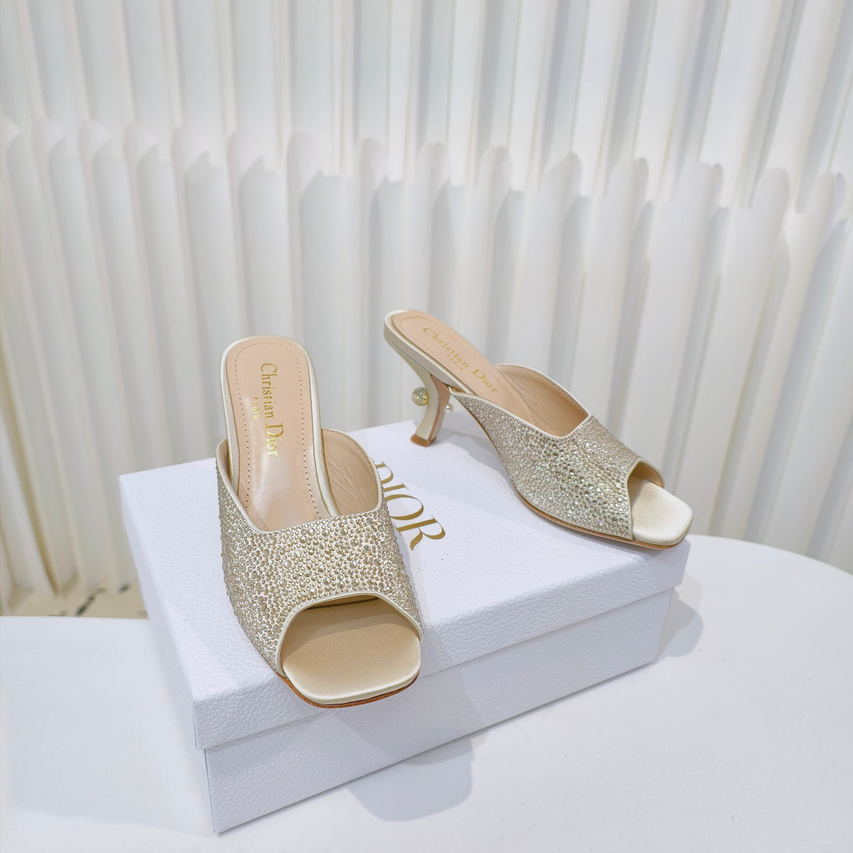 DIOR EMBELLISHED HIGH HEEL SLIDES 25S IN LIGHT BEIGE SATIN AND CALFSKIN