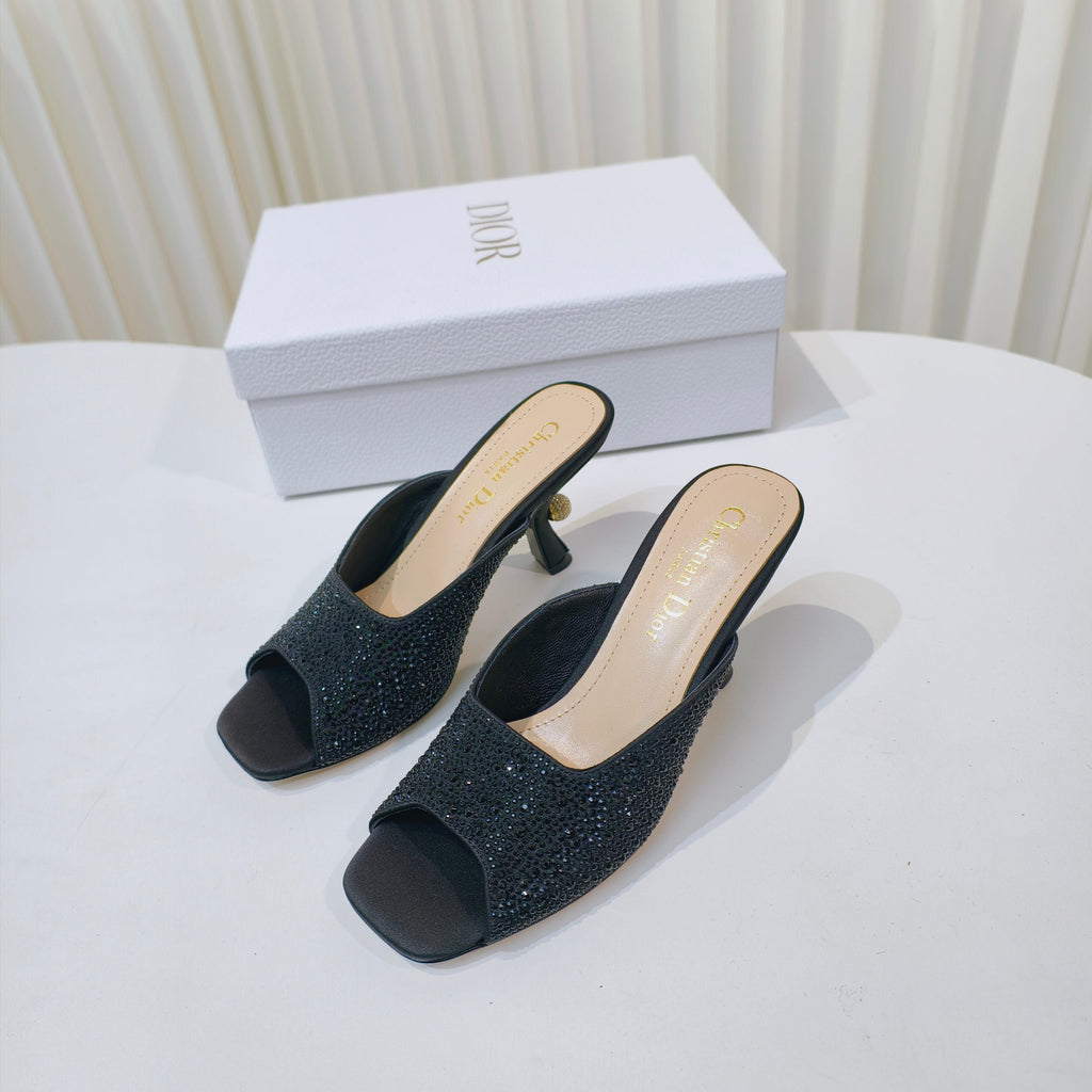 DIOR EMBELLISHED HIGH HEEL SLIDES 25S IN BLACK SATIN AND CALFSKIN