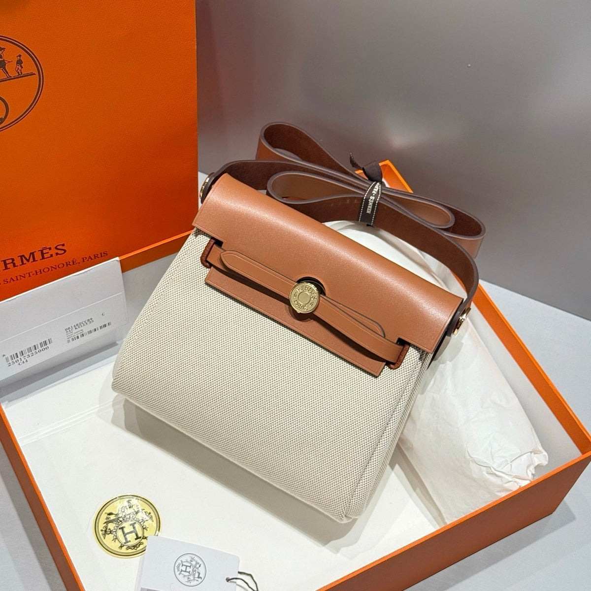 HERMES 25S MINI HERBAG 20 IN BEIGE AND BROWN CANVAS GOLD HARDWARE
