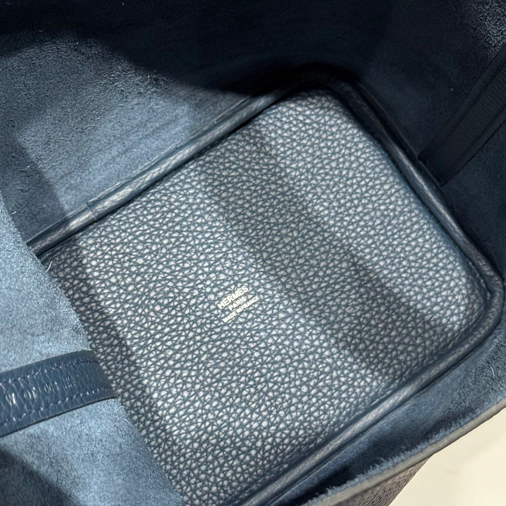 HERMES 25S PICOTIN LOCK 18 IN NAVY BLUE CALFSKIN SILVER HARDWARE