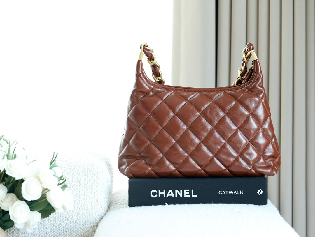 CHANEL 25S HOBO BAG 32 CM IN BROWN LAMBSKIN WITH GOLD HARDWARE