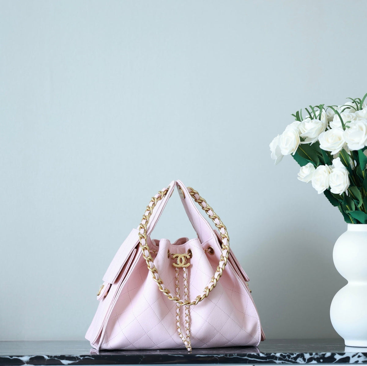 CHANEL 25S HOBO BAG 30 CM IN LIGHT PINK LAMBSKIN WITH GOLD HARDWARE