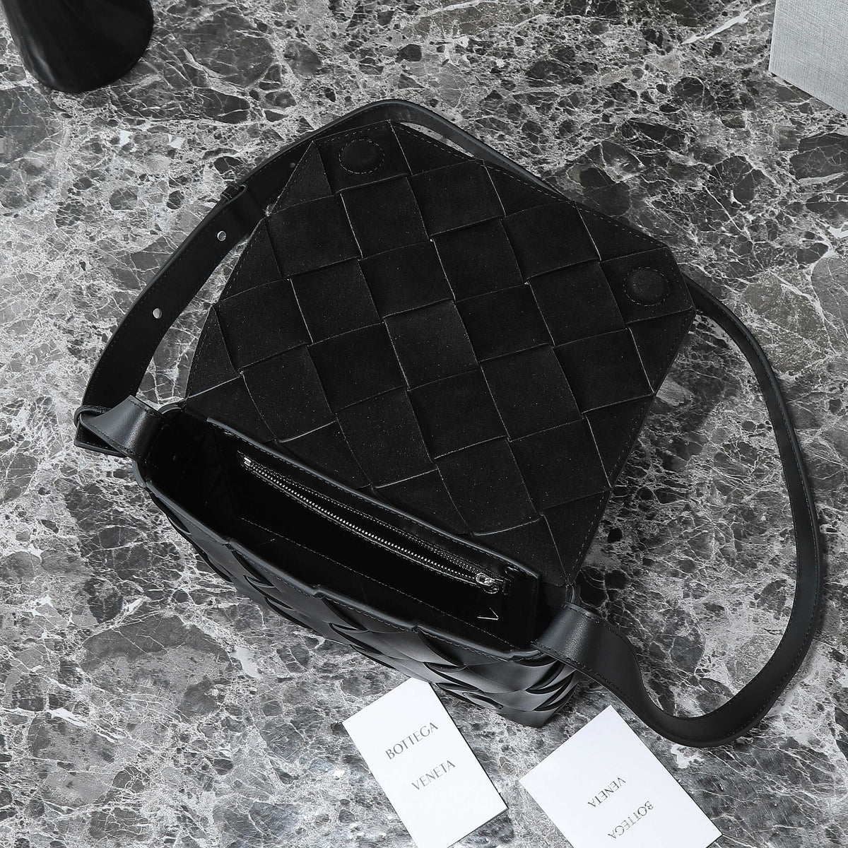 BOTTEGA VENETA 25S DIAGO 22 IN BLACK CALFSKIN PATENT SILVER HARDWARE