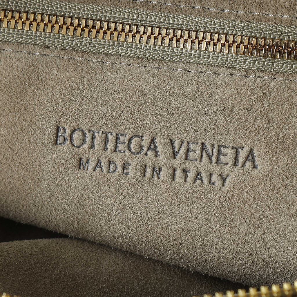 BOTTEGA VENETA 25S SMALL JODIE 48 IN MUTED TAUPE SUEDE GOLD HARDWARE