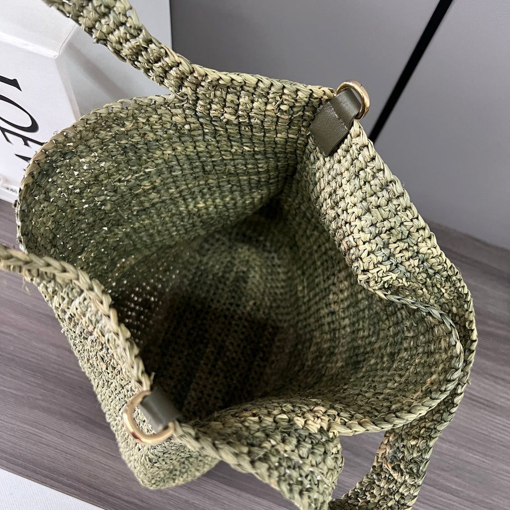 LOEWE 25S SLIT TOTE BAG 30 IN OLIVE DRAB RAFFIA CANVAS SHOULDER STRAP